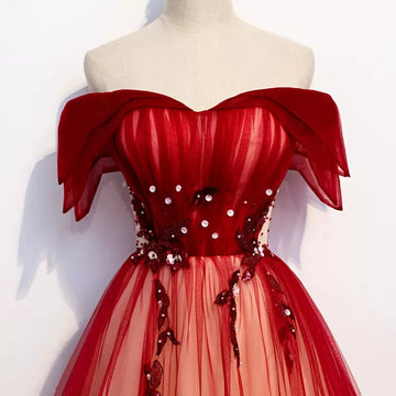 A line Off The Shoulder Tulle Red Prom Dresses Sexy Evening Dress HZ1023